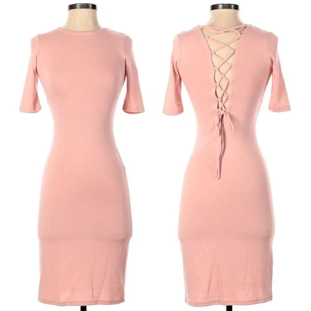 Aritzia Wilfred Free Dress Bodycon Mini Pink Knit Lace Up Corset Size XS